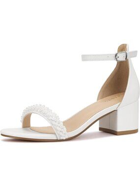 Women's White Pearl Faux Leather Open Toe Ankle Strap Block Chunky Heels Sandal